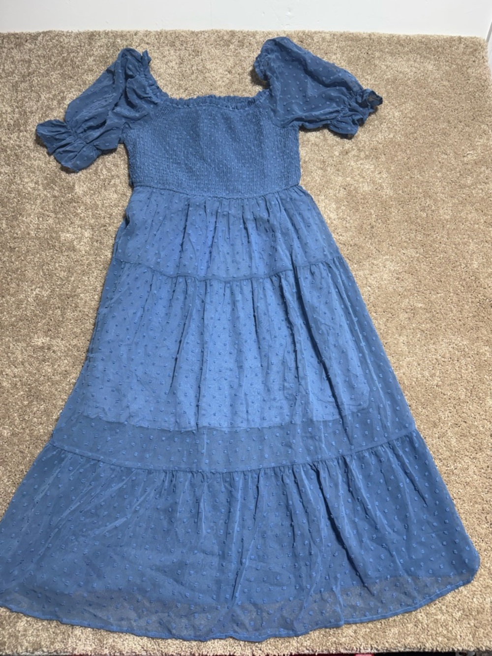 Girls' Blue Swiss Dot Puff-Sleeve Dress